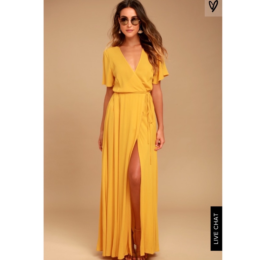 Lulu’s golden yellow wrap maxi dress